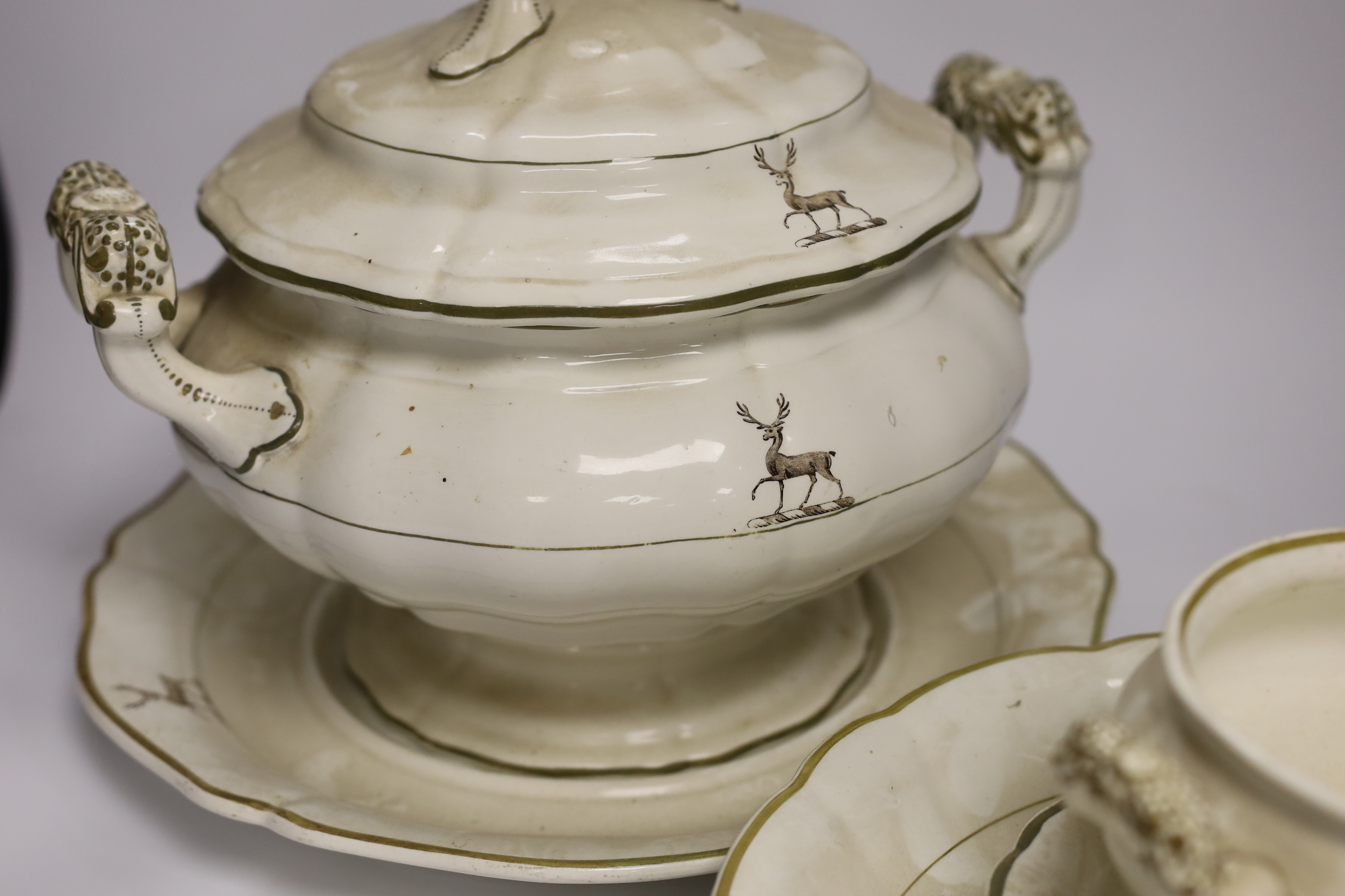 Copeland late Spode crested part dinner set comprising tureen and stand, bowl and stand and two circular dishes, largest 32cm in diameter